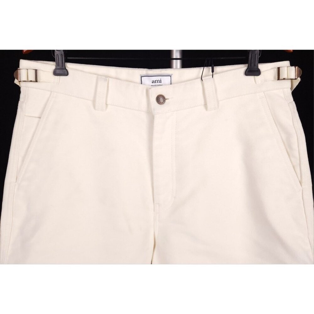 AMI Wide-Leg Brushed-Cotton Trousers Size L Mens Cream Moleskin $330 - Picture 4 of 16